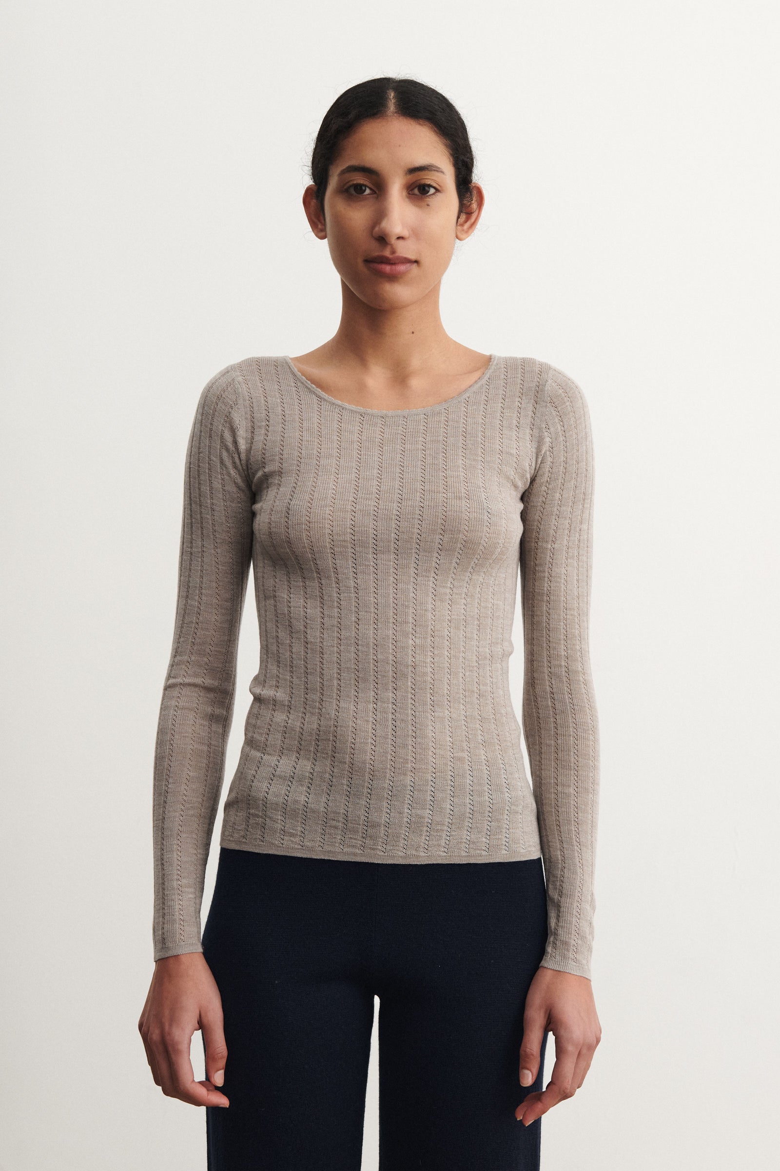 Long Sleeve Pointelle Tee - Oat Melange