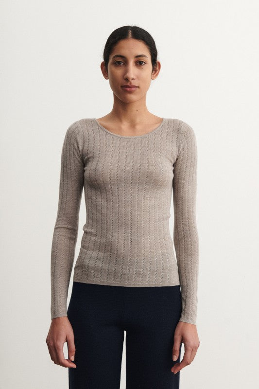 Long Sleeve Pointelle Tee - Oat Melange