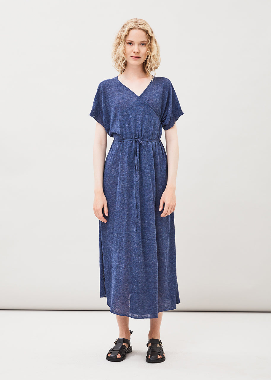 SARI Wickelkleid Seide Leinen blue moon