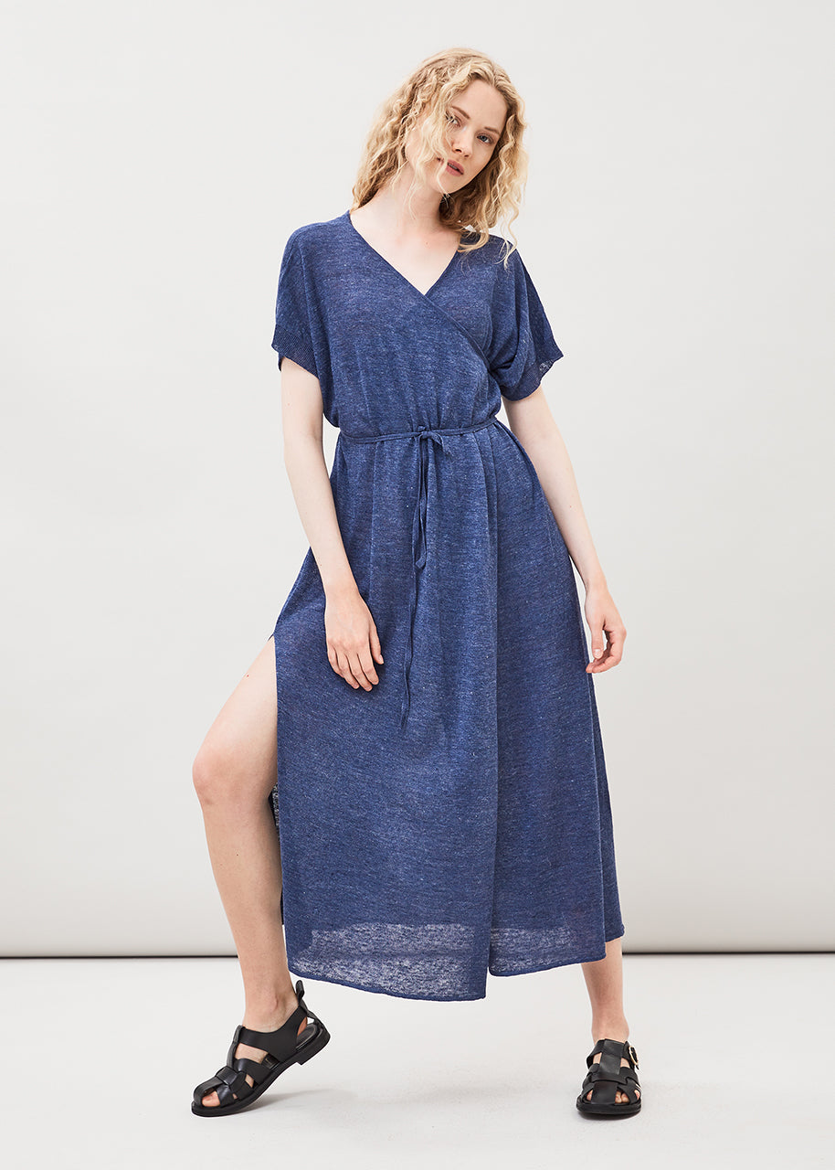 SARI Wickelkleid Seide Leinen blue moon