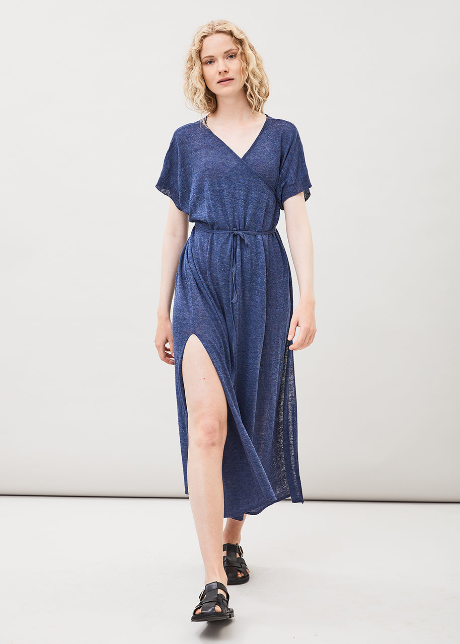 SARI Wickelkleid Seide Leinen blue moon