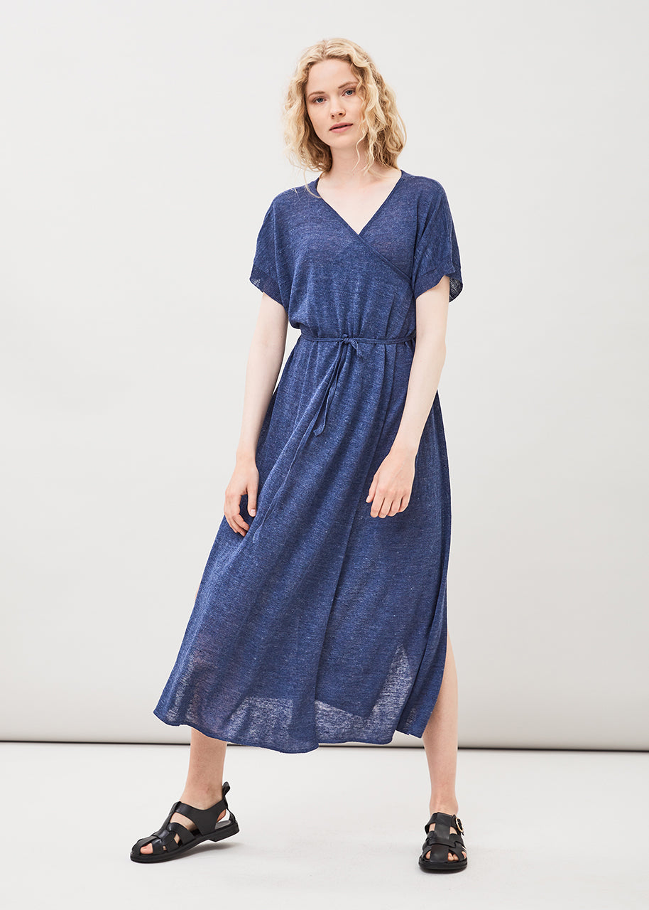 SARI Wickelkleid Seide Leinen blue moon